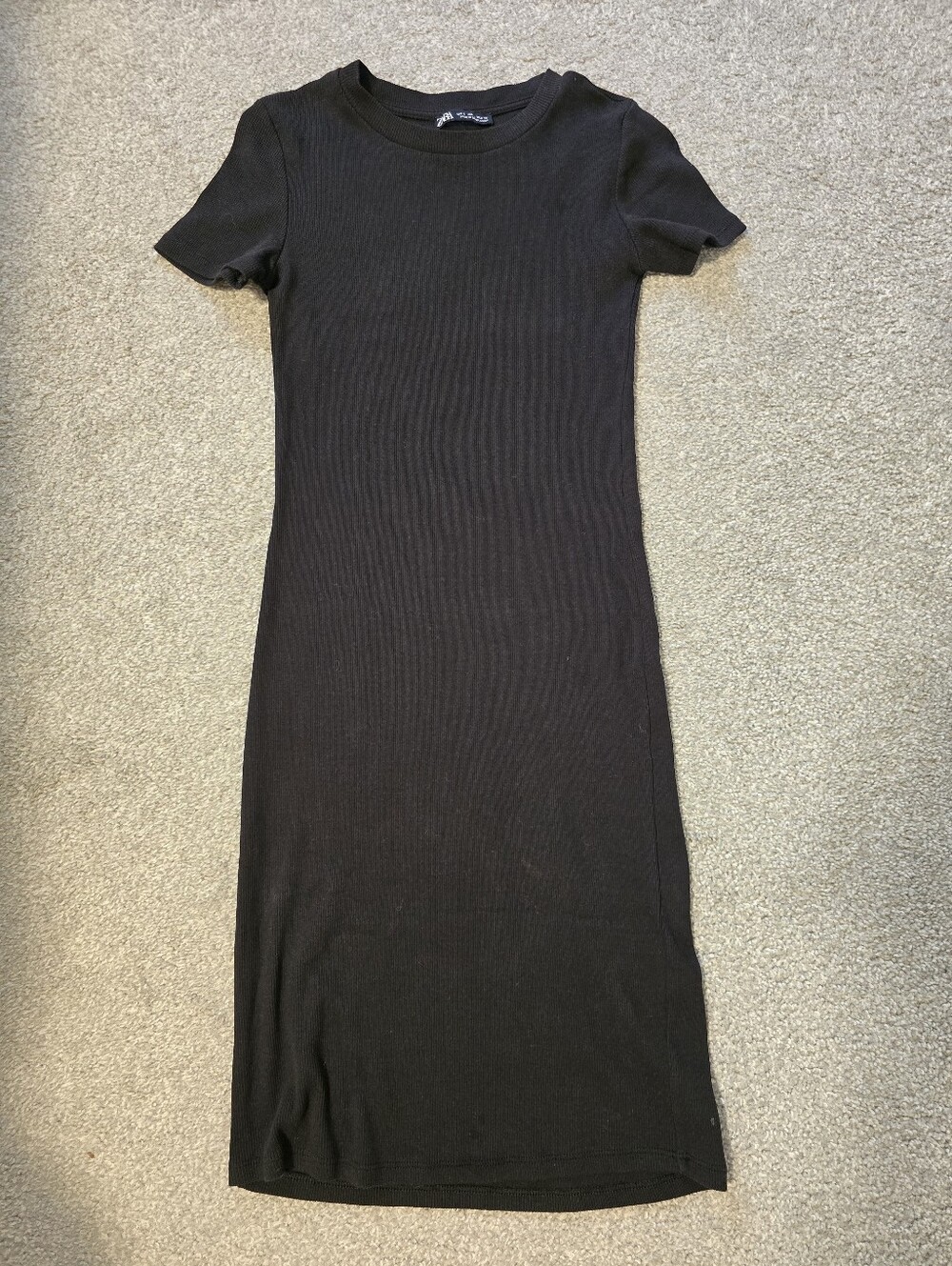 Zara Black Ribbed Crewneck Midi Dress